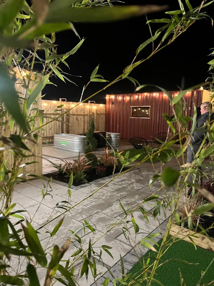 The Core Club's yard at Shay Murtagh Park at night: plunge pools, festoon lighting and the sauna in a shipping container